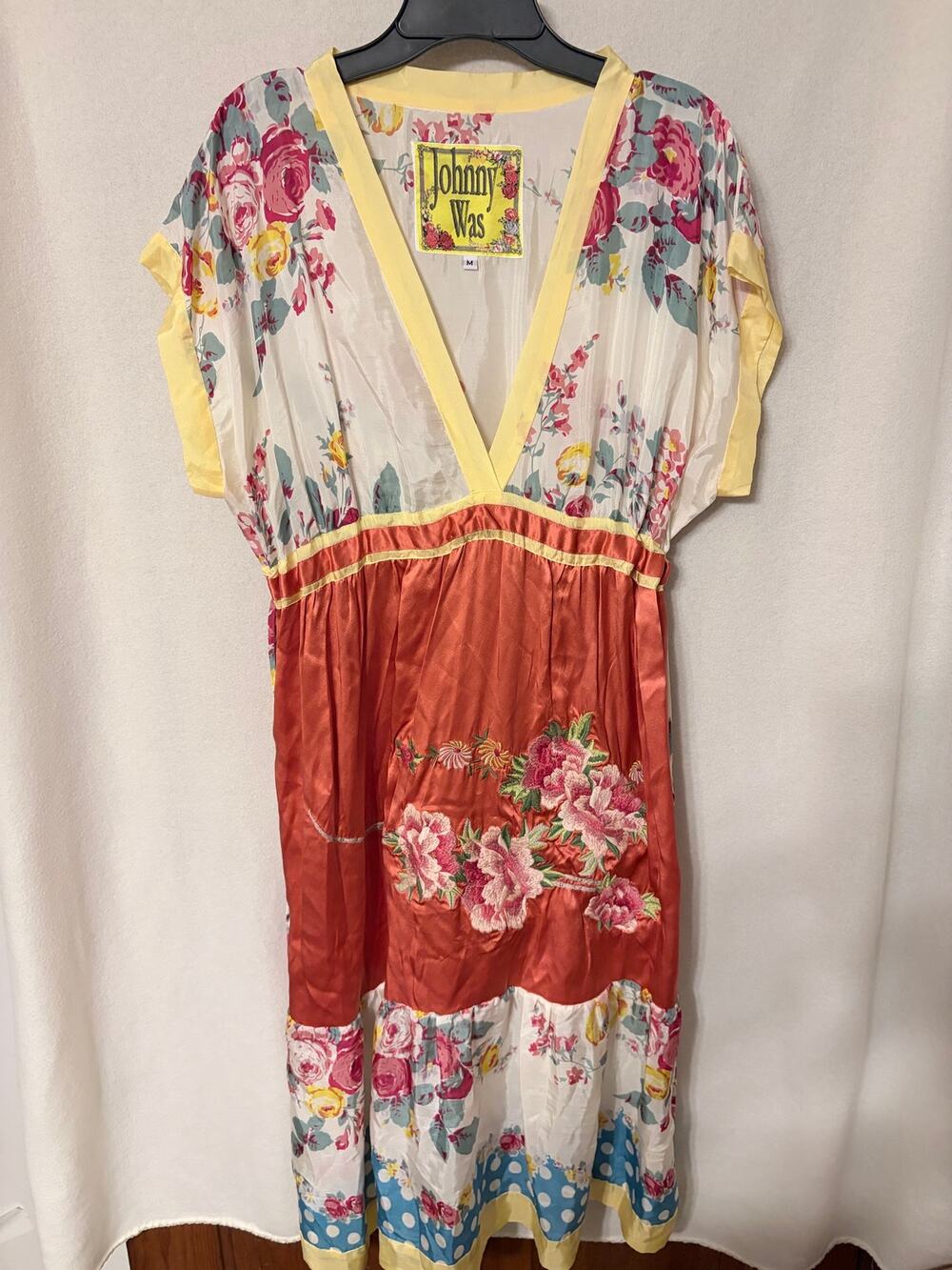 Johnny Was Silk Embroidered Kimono Dress Colorblock Mixed Print Boho Med